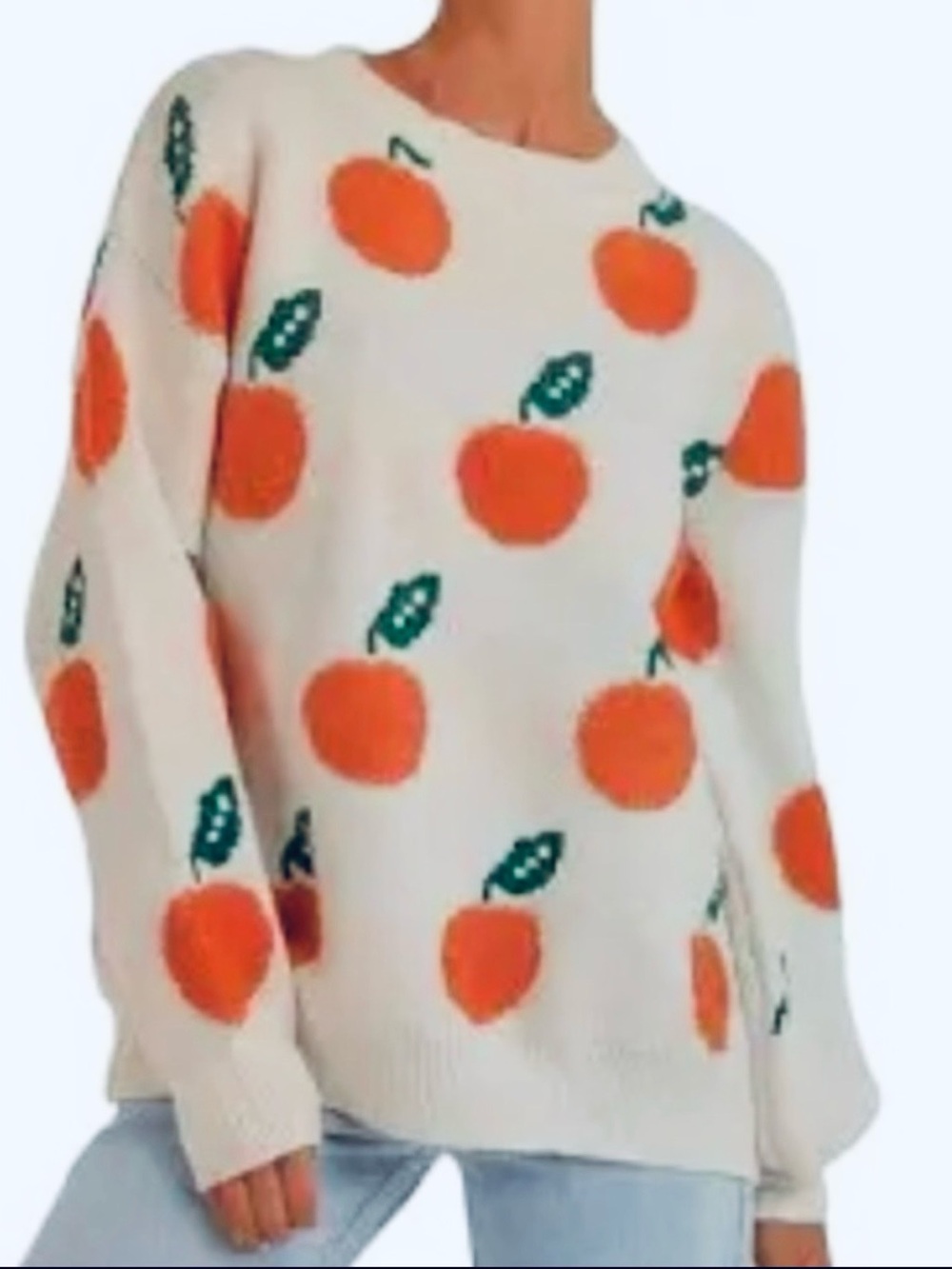 Cozy Cream Womens Crewneck Drop Shoulder Sweater Orange Fruit Embellishment S/M